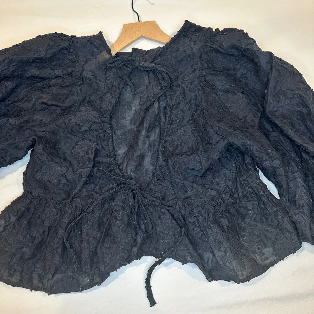 Free People Peplum Blouse Women Large Black Floral Textured Whimsigoth Fairycore